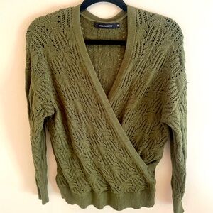 Green Womens Deep V Neck Wrap Sweaters Crochet Knit